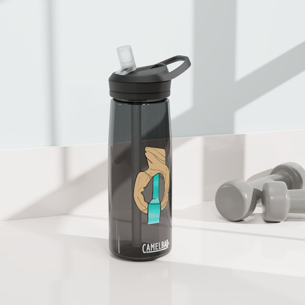 CamelBak Eddy® Water Bottle in Rock with Water design, available in 20oz and 25oz sizes, featuring a spill-proof biting valve and easy-carry handle.
